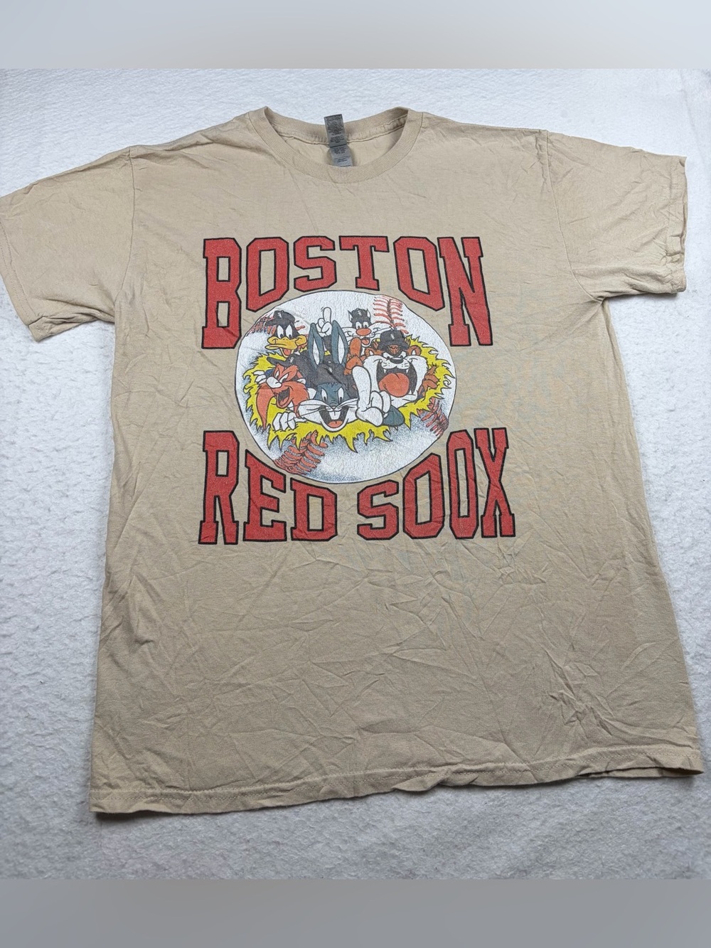 Vintage 90s Boston Red Sox Looney Tunes Graphic Tee‎ Shirt Cream